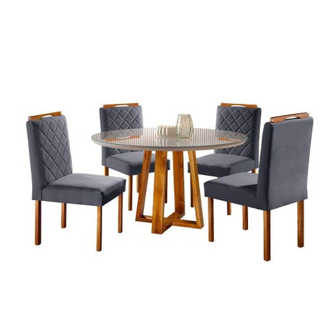 Conjunto Cristal Mesa 1m e 4 Cadeiras Maciça Móveis Mundial Mel/off-white/cinza Profundo