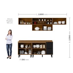 Cozinha Modulada Toscana em Mdf 5 Peças com Aéreo 1200 Porta de Vidro e Aéreo Geladeira com Tampo - 3
