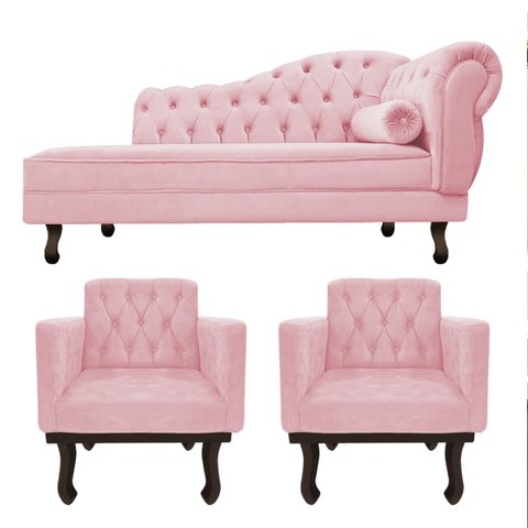 Kit Diva Recamier Diana 185cm Lado Esquerdo e 02 Poltronas Classic Suede Rosa Bebê - ADJ Decor
