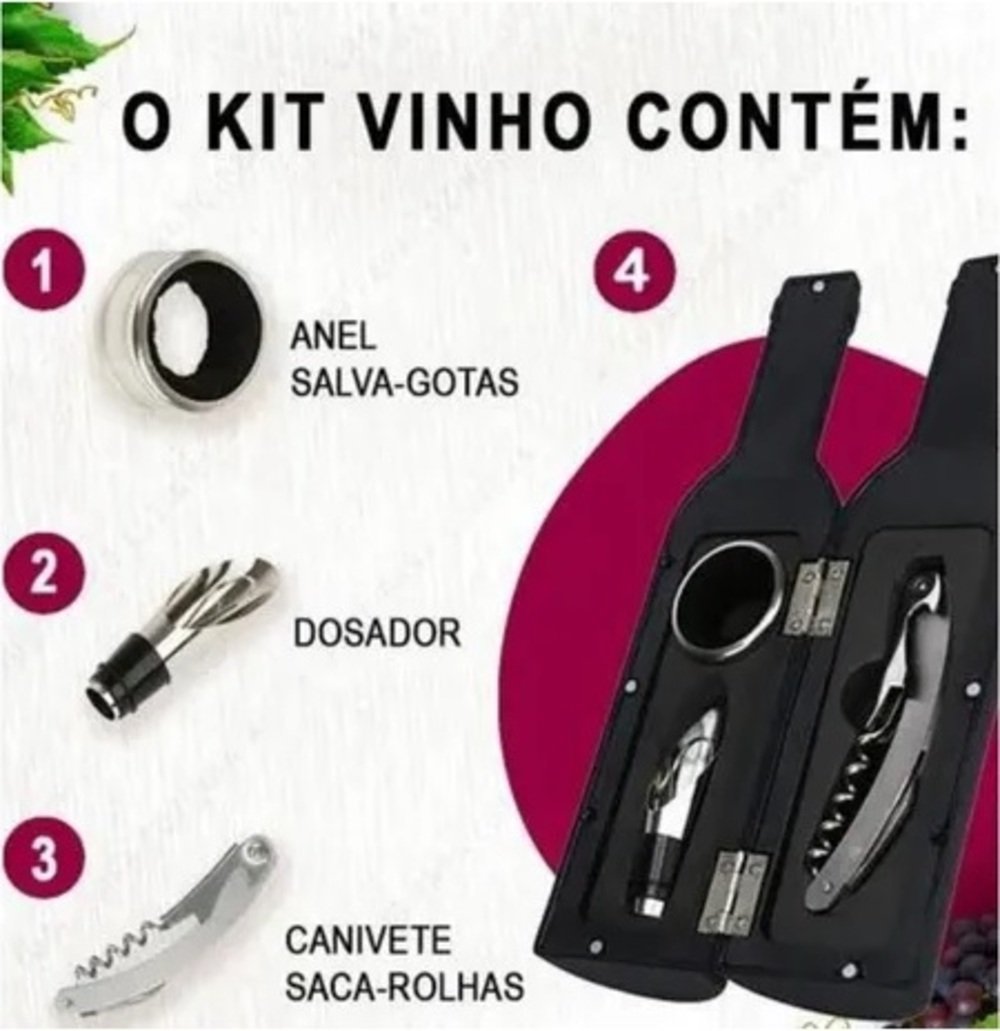 Kit Vinho 4 Peças Abridor Saca Rolha Inox Forma Garrafa - 2