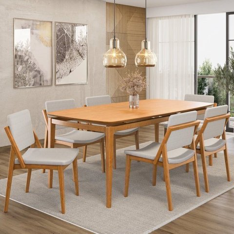 Conjunto Sala de Jantar Madeira Maciça - Mesa 1,60 Laminada 6 Cadeiras Assento e Encosto Estofado Marrom/Freijó