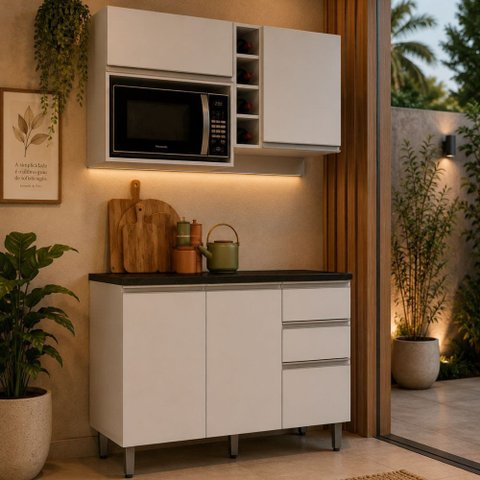 Cozinha Evidence 4 Peças com Balcão de 120cm com Tampo Armário para Micro-Ondas e Nicho Garrafeiro P
