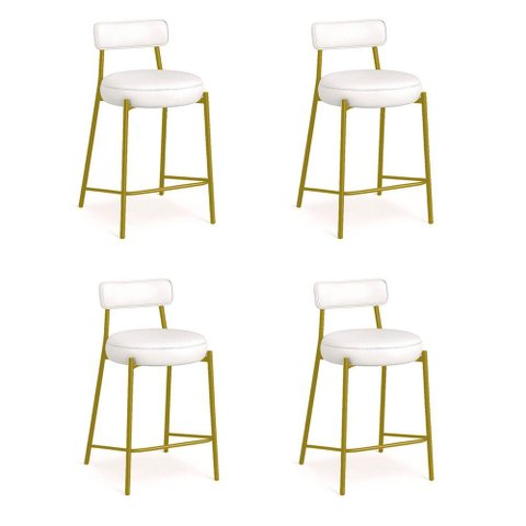 Banqueta Cozinha Alta com Encosto Industrial Dourado Kit 4 Londres Pu Branco D03 - D'Rossi