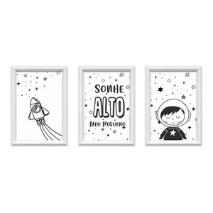 Quadro Infantil Quarto Astronauta Três Quadros 24 X 44