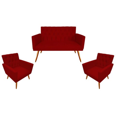 Kit Namoradeira + 2 Poltronas Decorativa Nina Capitonê Suede Vermelho Pés Madeira Mz Decor