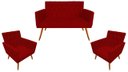 Ver imagem 1 de Kit Namoradeira + 2 Poltronas Decorativa Nina Capitonê Suede Vermelho Pés Madeira Mz Decor