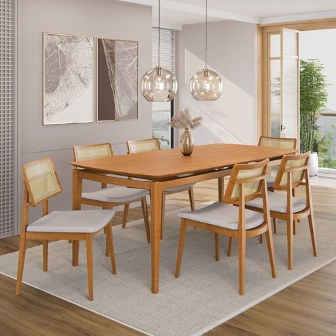 Conjunto Sala de Jantar Madeira Maciça - Mesa 1,60 Laminada 6 Cadeiras Estofadas Encosto Tela Marrom/Freijó