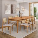 Ver imagem 1 de Conjunto Sala de Jantar Madeira Maciça - Mesa 1,60 Laminada 6 Cadeiras Estofadas Encosto Tela Marrom/Freijó