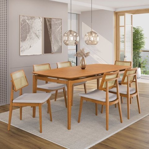 Conjunto Sala de Jantar Madeira Maciça - Mesa 1,80 Laminada 6 Cadeiras Estofadas Encosto Tela Marrom/Freijó