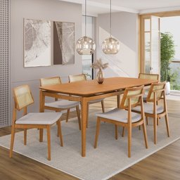Conjunto Sala de Jantar Madeira Maciça - Mesa 1,80 Laminada 6 Cadeiras Estofadas Encosto Tela Marrom/Freijó - 1 Conjunto Sala de Jantar Madeira Maciça - Mesa 1,80 Laminada 6 Cadeiras Estofadas Encosto Tela Marrom/Freijó - 1