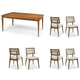 Conjunto Sala de Jantar Madeira Maciça - Mesa 1,80 Laminada 6 Cadeiras Estofadas Encosto Tela Marrom/Freijó - 2 Conjunto Sala de Jantar Madeira Maciça - Mesa 1,80 Laminada 6 Cadeiras Estofadas Encosto Tela Marrom/Freijó - 2