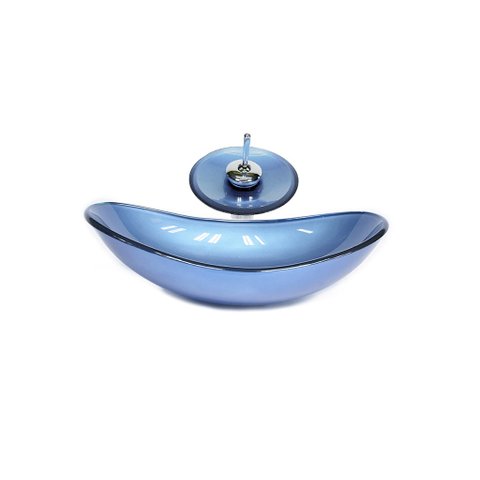 CUBA DE VIDRO OVAL 55CM AZUL + VALVULA + TORNEIRA CASCATA