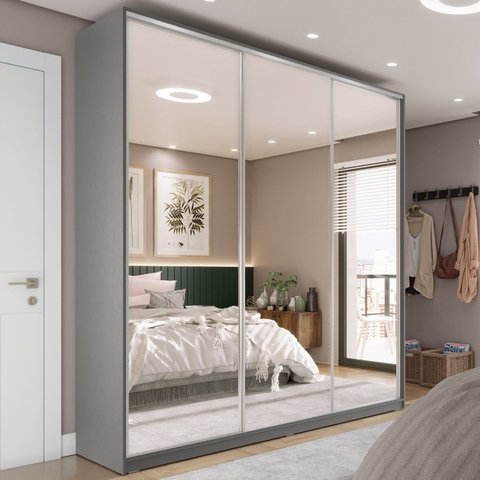 Guarda-Roupa Casal 100% MDF BP com 3 Portas Espelho Zermatt Cinza