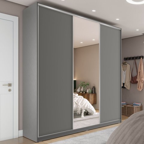 Guarda-Roupa Casal 100% MDF BP com 3 Portas e 1 Espelho Zermatt Cinza