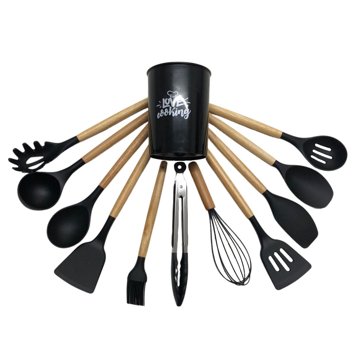 Jogo 12 Utensílios Silicone Colher Concha Pegador Preto | MadeiraMadeira