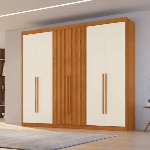 Guarda Roupa Casal 6 Portas 2 Portas Ripadas 6 Gavetas Dubai 100% MDF Cinamomo e Off White Marrom