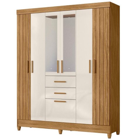 Guarda Roupa Casal Espelho 7p 165 Cm Malta Freijo Off White Friso Moval