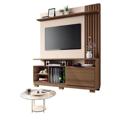 Estante Home Theater Artheo Castanho Off White com Mesa de Centro Sky com Tampo de Vidro Off White