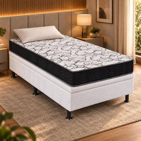 Cama Box Solteiro (Base Baú + Colchão D45) Preto / Branco Ortobom
