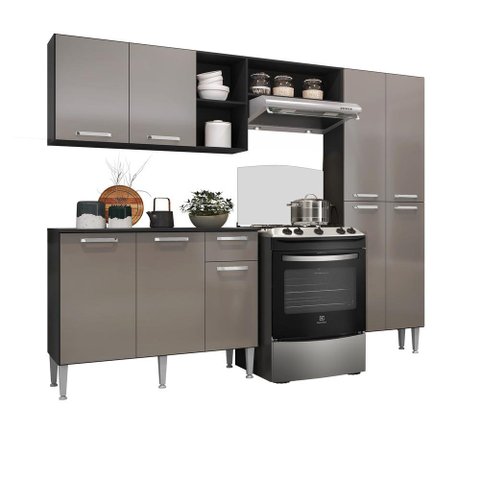 Cozinha Compacta com Armário e Balcão Pequim Up Multimóveis V2999 Preta/Lacca Fumê