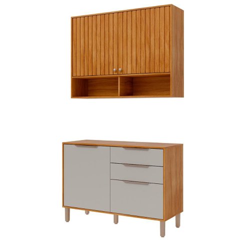 Armario Aereo com Balcão Divina 120cm com 4 Portas 2 Gavetas Cinamomo/off White