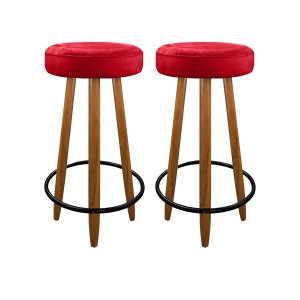 Kit com 2 Banquetas Altas Camila para Bancada Bar Cozinha Banco Pés Palito Madeira Vermelho