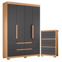 Ver imagem 1 de Guarda Roupa Solteiro Doble 04 Portas e Cômoda Unno Freijo Titanium - Móveis Albatroz