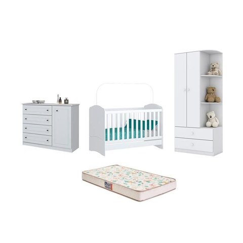 Berço Bala de Menta e Cômoda Americano e Guarda Roupa Labirinto Branco e Colchão - Fdecor