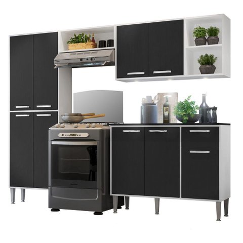 Cozinha Compacta c/ 3 Leds 4 pçs Xangai Multimóveis V3415 Branca/Preta