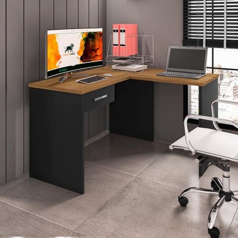 Mesa em L de Canto Nikola Outros 1 Gaveta MDP 127cm Preto Freijó Leão Móveis
