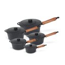 Ver imagem 3 de Panela Fundida Alumínio Batido 5 Peças Cabo de Madeira Tampa Fundida - Preto