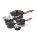 Ver imagem 1 de Panela Fundida Alumínio Batido 5 Peças Cabo de Madeira Tampa Fundida - Preto