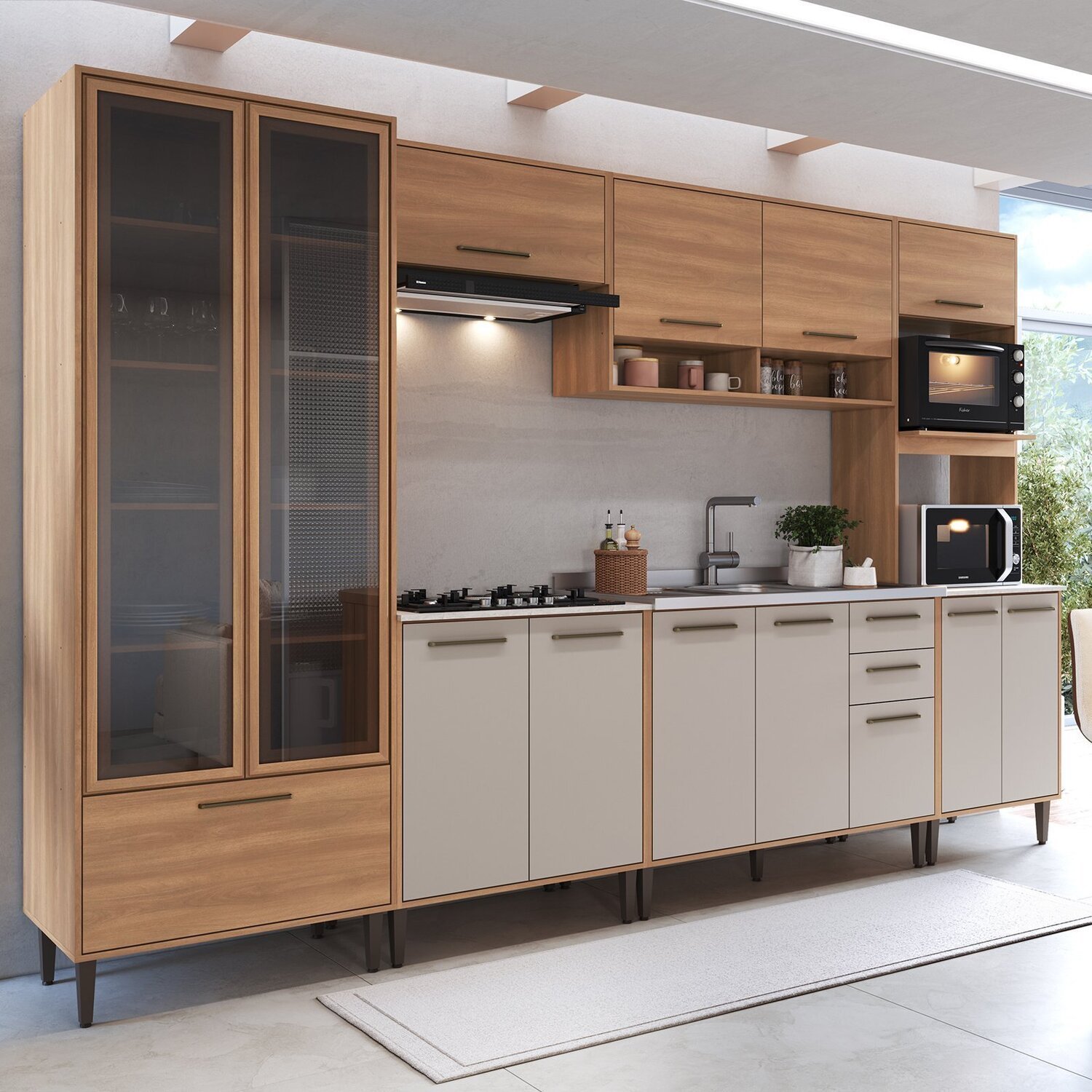 Cozinha Modulada Completa 6 Peças com Cristaleira 12 Portas 3 Gavetas Jade