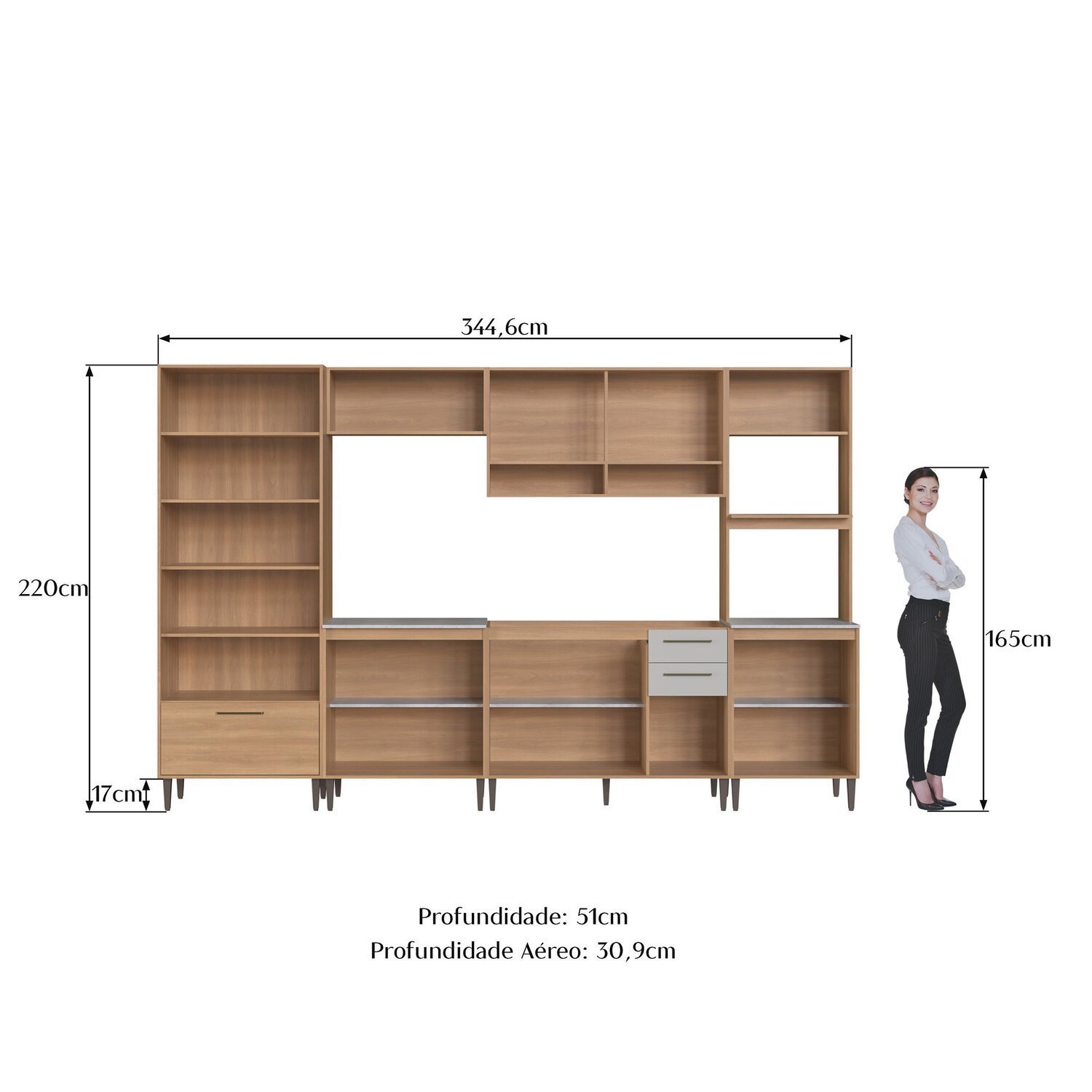 Cozinha Modulada Completa 6 Peças com Cristaleira 12 Portas 3 Gavetas Jade - 3