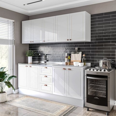 Cozinha Pérola com Rodapé 4 Peças Aéreos com 5 Portas, Balcão 2 Gavetas 3 Portas e Balcão 2 Portas Yescasa