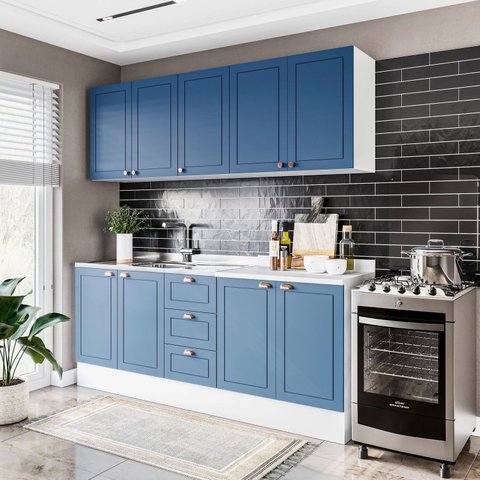 Cozinha Pérola com Rodapé 4 Peças Aéreos com 5 Portas, Balcão 2 Gavetas 3 Portas e Balcão 2 Portas Yescasa Azul/Branco