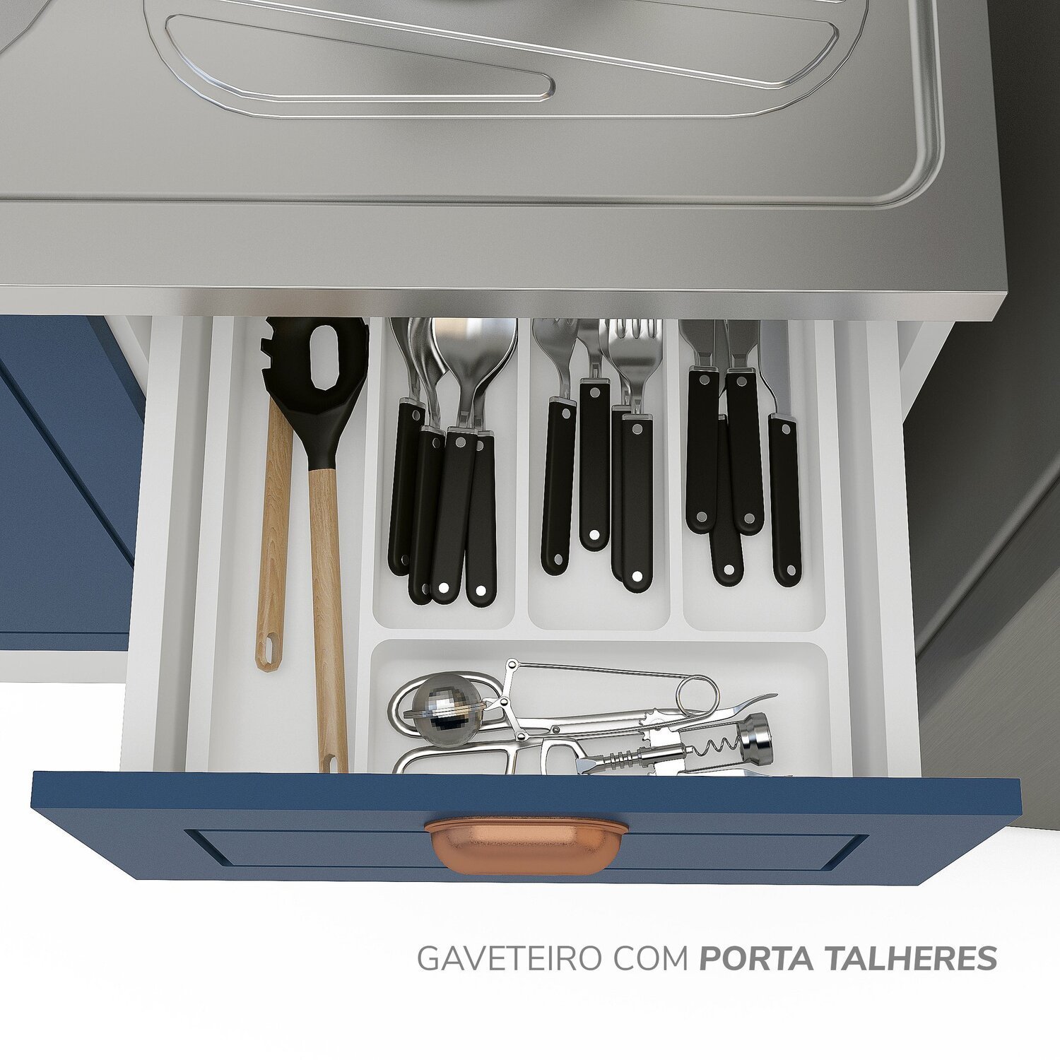 Cozinha Pérola com Rodapé 4 Peças Aéreos com 5 Portas, Balcão 2 Gavetas 3 Portas e Balcão 2 Portas Y - 10