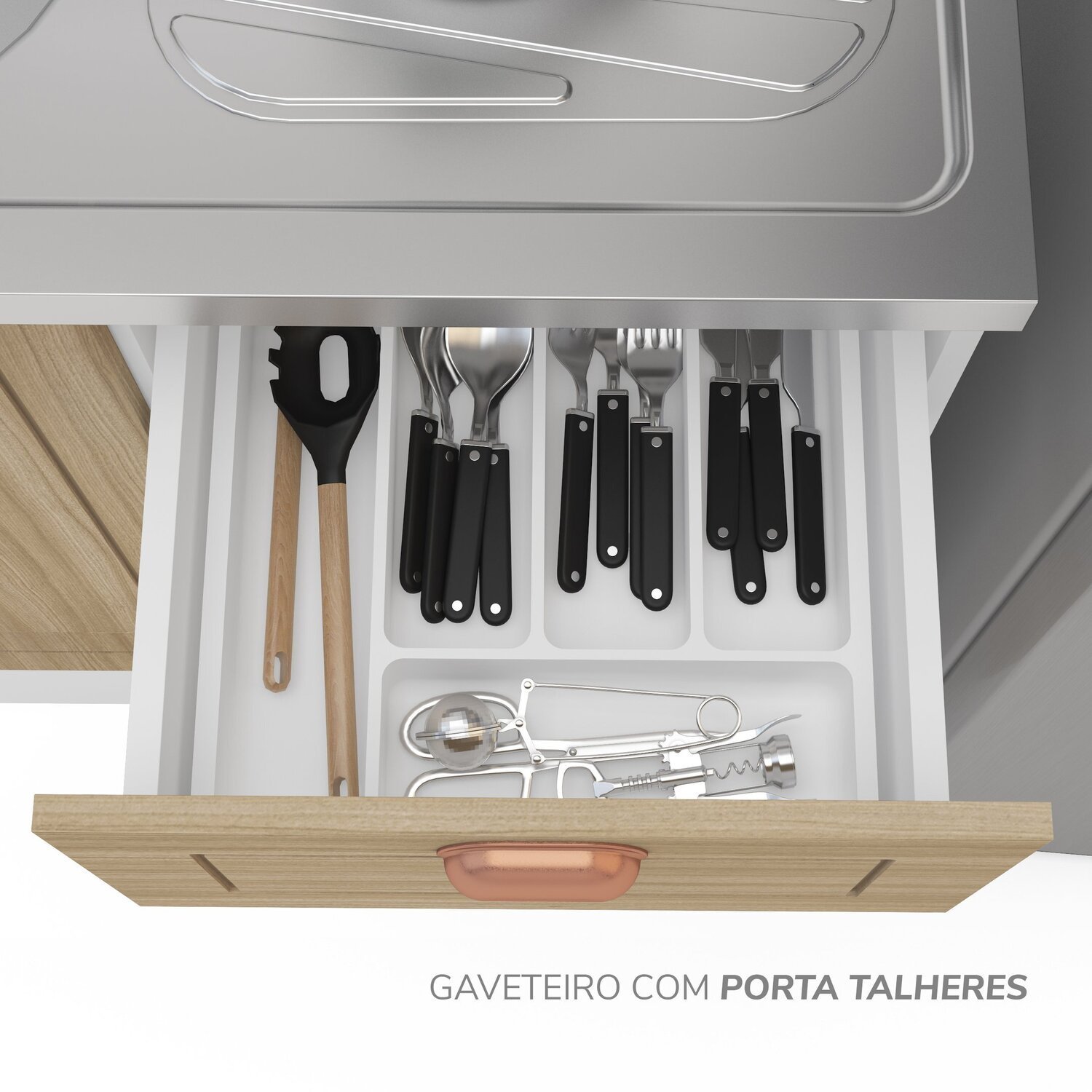 Cozinha Pérola com Rodapé 4 Peças Aéreos com 5 Portas, Balcão 2 Gavetas 3 Portas e Balcão 2 Portas Y - 10