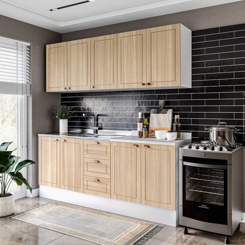 Cozinha Pérola com Rodapé 4 Peças Aéreos com 5 Portas, Balcão 2 Gavetas 3 Portas e Balcão 2 Portas Yescasa Marrom/Branco/Carvalho