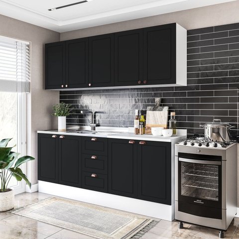 Cozinha Pérola com Rodapé 4 Peças Aéreos com 5 Portas, Balcão 2 Gavetas 3 Portas e Balcão 2 Portas Yescasa Preto/Branco