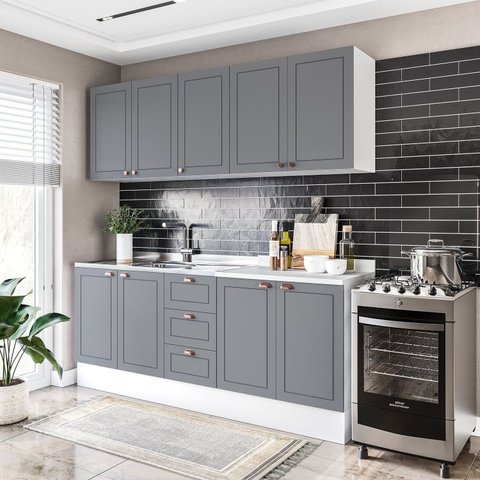 Cozinha Pérola com Rodapé 4 Peças Aéreos com 5 Portas, Balcão 2 Gavetas 3 Portas e Balcão 2 Portas Yescasa Cinza/Branco