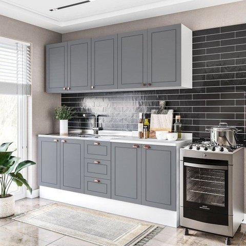 Cozinha Pérola com Rodapé 4 Peças Aéreos com 5 Portas, Balcões Yescasa Cinza/Branco