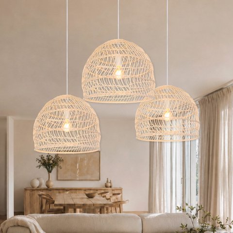 3 Pendente em Fibra Natural Rattan Vime Sala de Estar NAT17