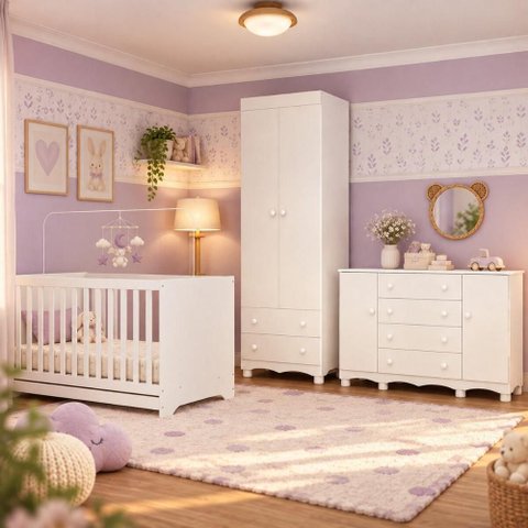 Quarto de Bebê Completo com Berço Americano 3 em 1 e Colchão Incluso Flor Multimóveis MP4944