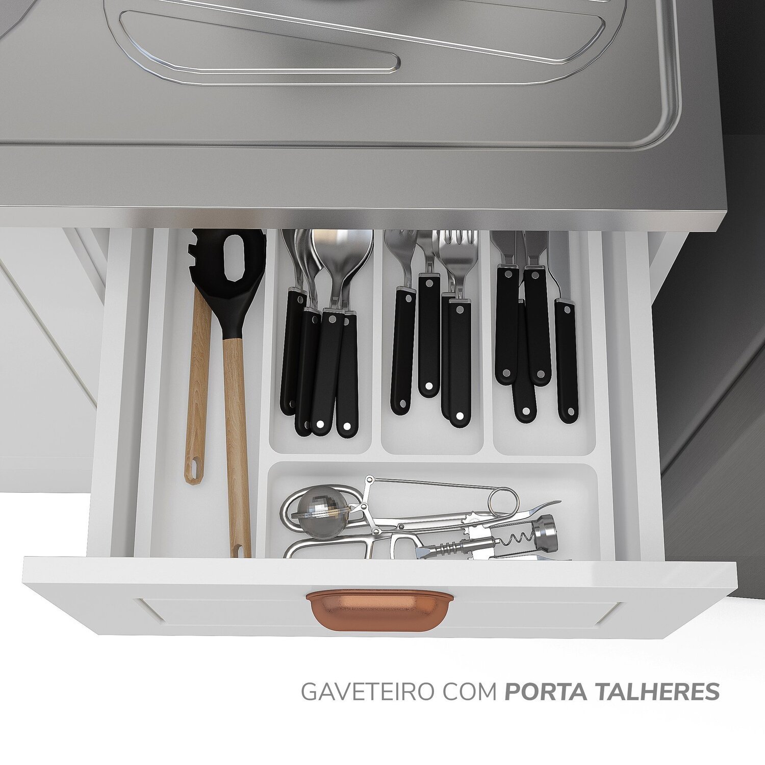 Cozinha Pérola com Rodapé 4 Peças Aéreos com 5 Portas, Balcão 2 Gavetas 3 Portas e Balcão 2 Portas Y - 10