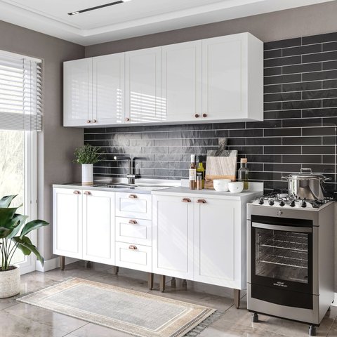 Cozinha Pérola com Rodapé 4 Peças Aéreos com 5 Portas, Balcão 2 Gavetas 3 Portas e Balcão 2 Portas Yescasa