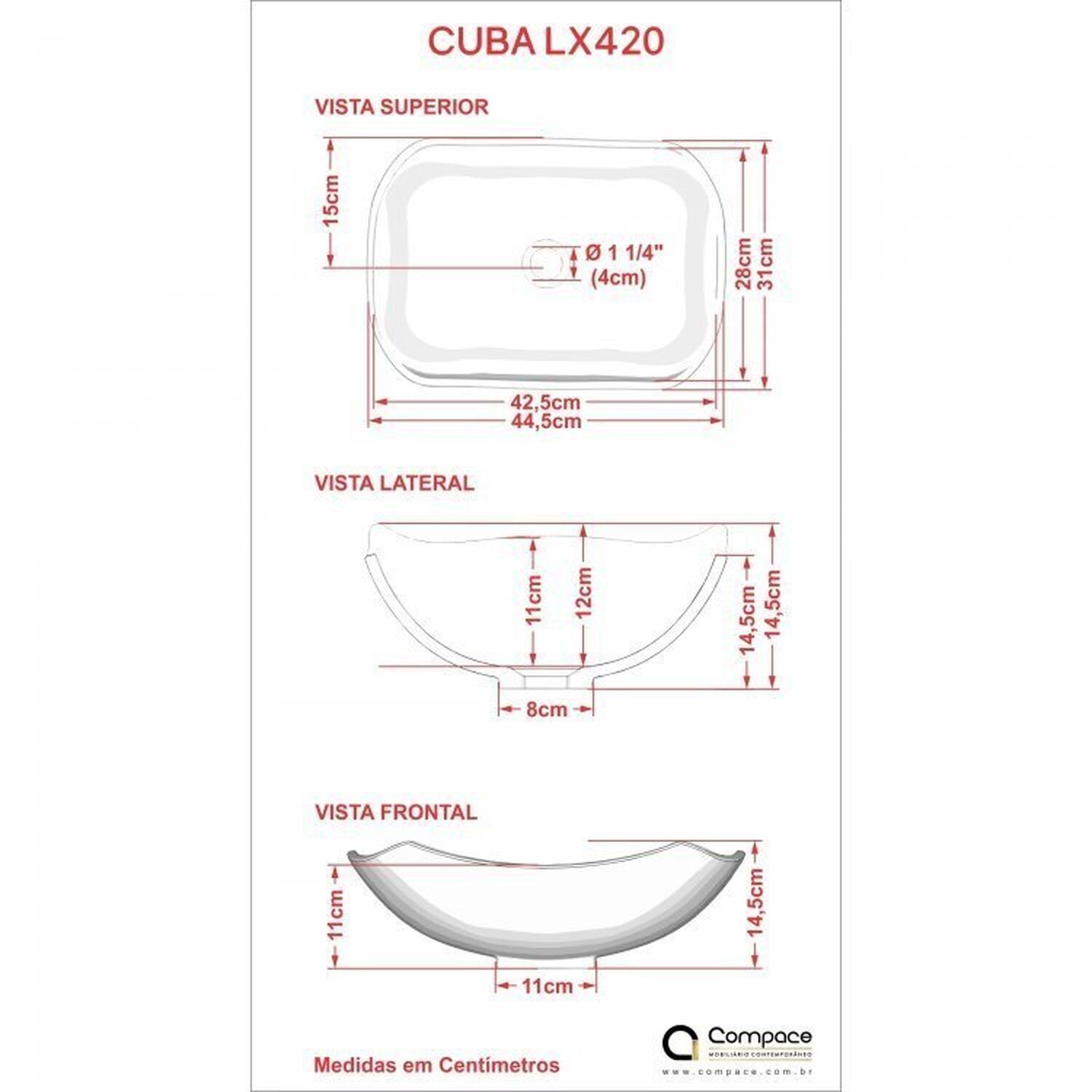 Kit 3 Cubas L42 com Válvula Metal 1'' Compace - 6
