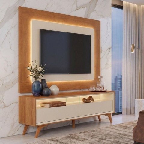 Conjunto Painel Atenas + Rack Viena Painel Off White/Naturalle Rack Off White/Naturalle Mavaular