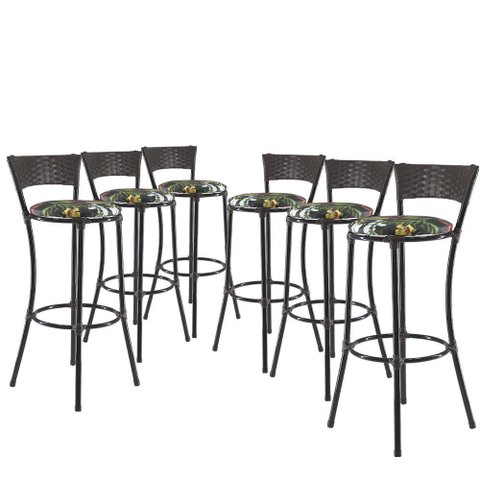 Kit Com 6 Banquetas Alta Forts Fibra Uv Bancada, área Goumert, Bar, Piscina, Balcão, Floral Preto