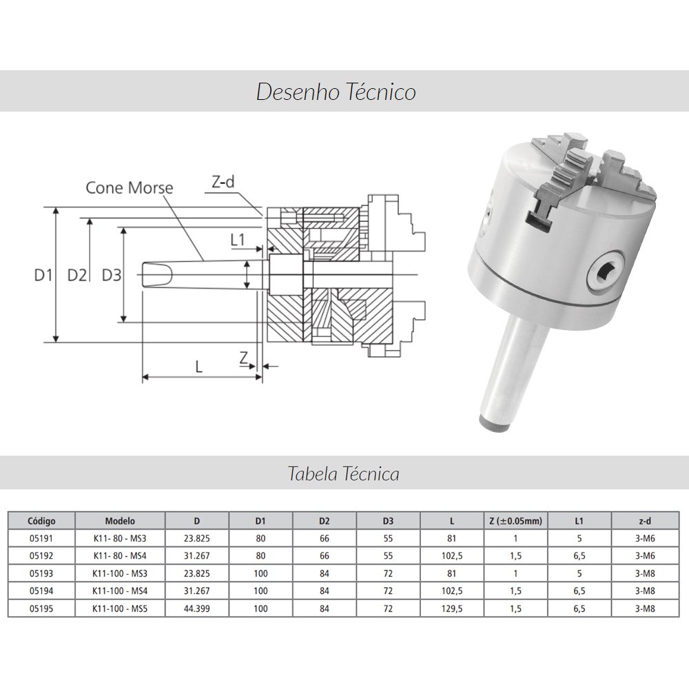 Placa para Torno com Haste Cm3 - 3 Castanhas Universal 100mm - 4